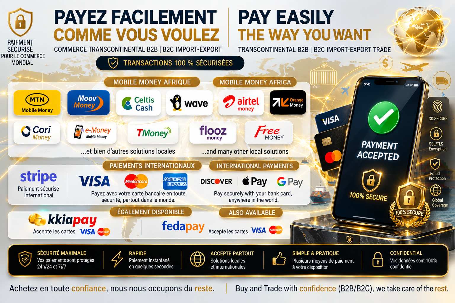 Accepted payment methods: Mobile Money, Stripe, Visa, Mastercard and more
