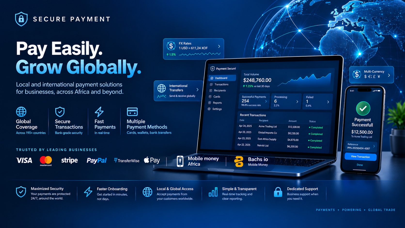 Modes de paiement acceptés : Mobile Money, Stripe, Visa, Mastercard et plus