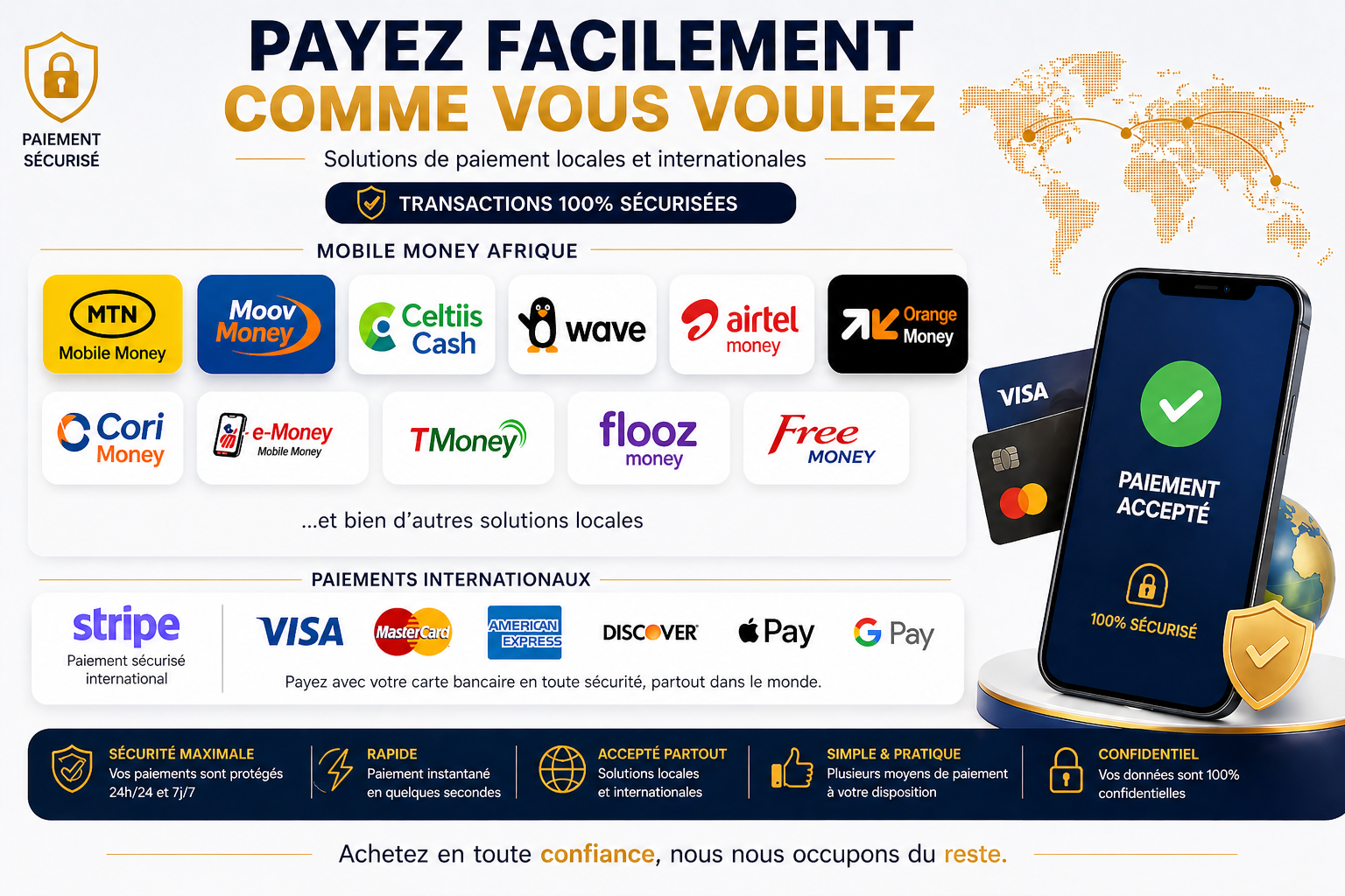 Modes de paiement acceptés : Mobile Money, Stripe, Visa, Mastercard et plus
